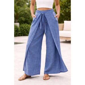 Bombay Paisley Pants Wide Leg Wrap Front Blue Cotton Embroidered Boho Size S